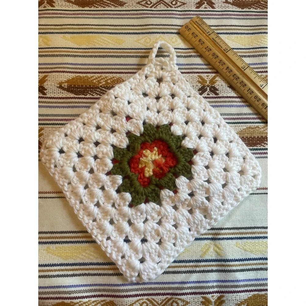 Homemade Crochet Pot Holder‎ Yellow Olive And Red Colors